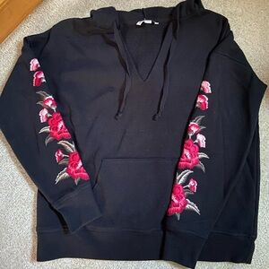 American Eagle Outfitters Black Hoodie with Pink Floral Embroidery